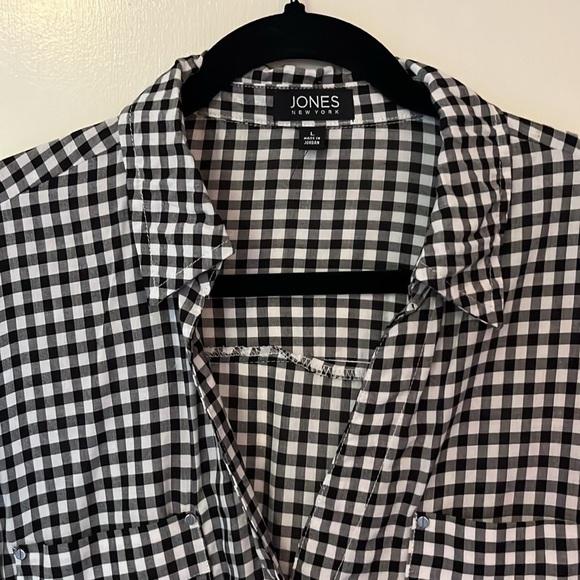 Jones New York Women's L Button Tie Front Blouse Shirt Black Gingham Pla… - Picture 2 of 7